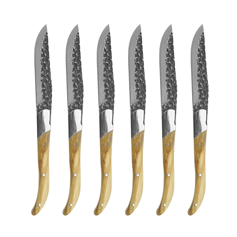 

4-10pcs 8.8'' Laguiole Steak Knives Olive Wood Handle Dinner Knifes Handmade Forged Black Hammer Blade Japanese Wooden Cutlery
