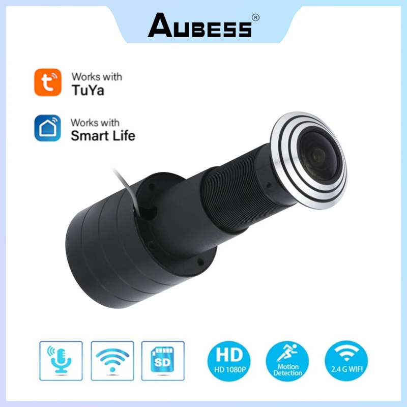 

Aubess Tuya WifI Wide Angle FishEye CCTV Network Mini Peephole Door IP Camera P2P Door Eye Hole Security 1080P HD 1.66mm Lens