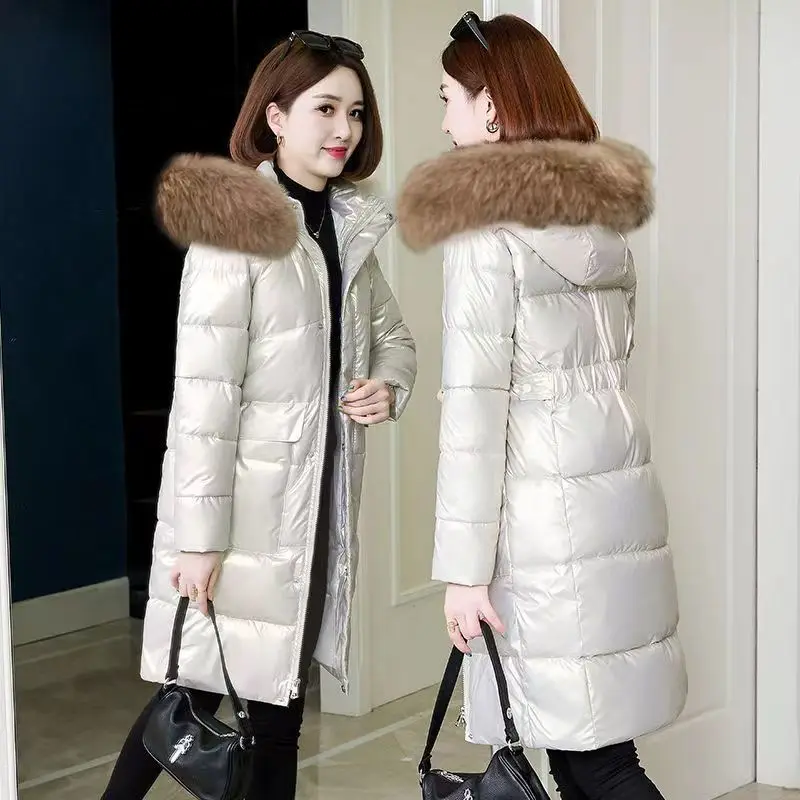 

2022 Autumn and Winter Bright Face Wash-free Down Padded Jacket Women's Mid-length Thickened Belt Fur Collar Slim Fashion Coat