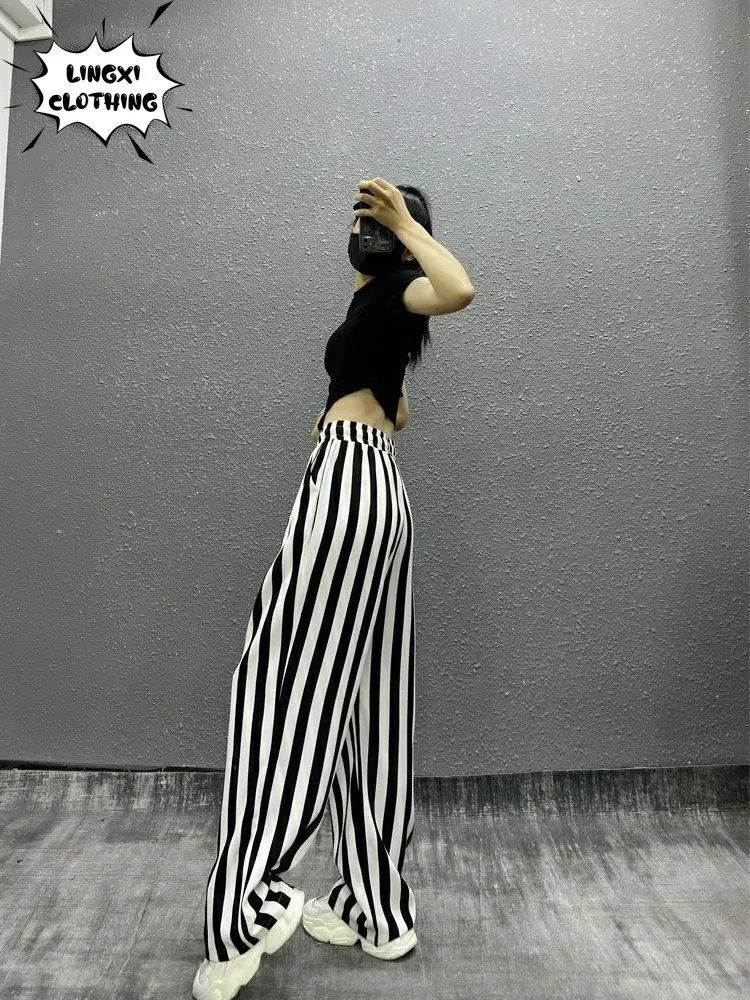 High Elastic Panty Summer New Leisure Sports Striped Loose Large Size High Waist Straight Pants Harem Pants Women Sweatpants