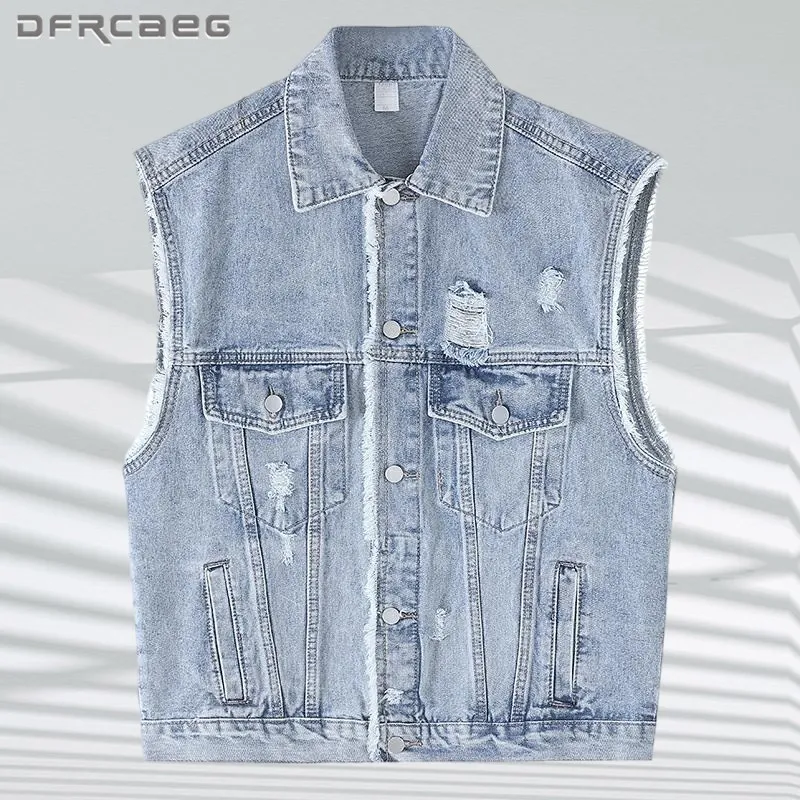 

Женский джинсовый жилет без рукавов, свободная джинсовая жилетка с дырками в стиле ретро, одежда в уличном стиле, лето 2023