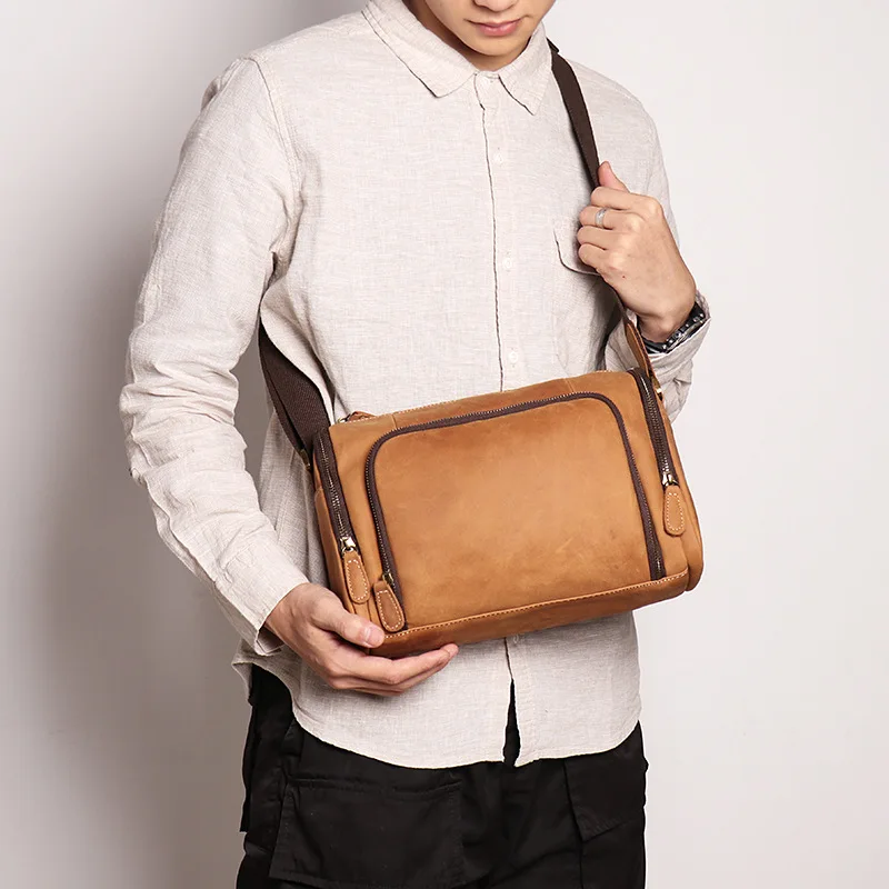 Daily Casual Wild Party Genuine Leather Bag Solid Color Multi-zip Pocket Messenger Bag Handmade Fashion Cylinder Bag for Men