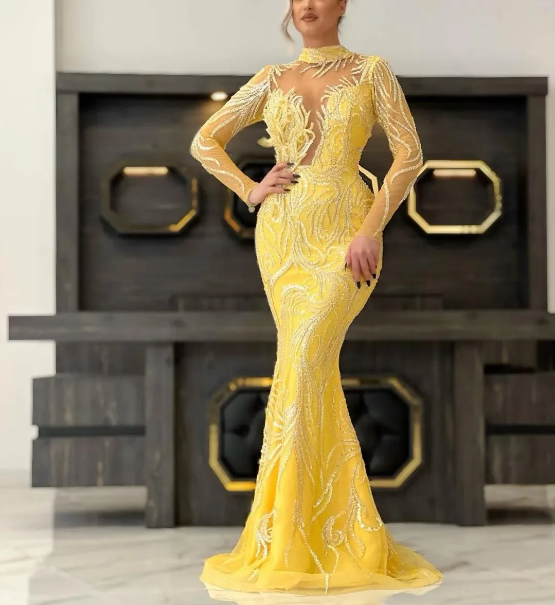 

New Formal Evening Dresses Mermaid High Neck Long Sleeve Floor-Length Sweep Train Beaded Crystal Applique Elastic Satin Illusion