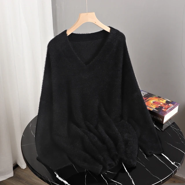 Зимние пушистые свитера Женский вязаный свитер с V-образным вырезом однотонный