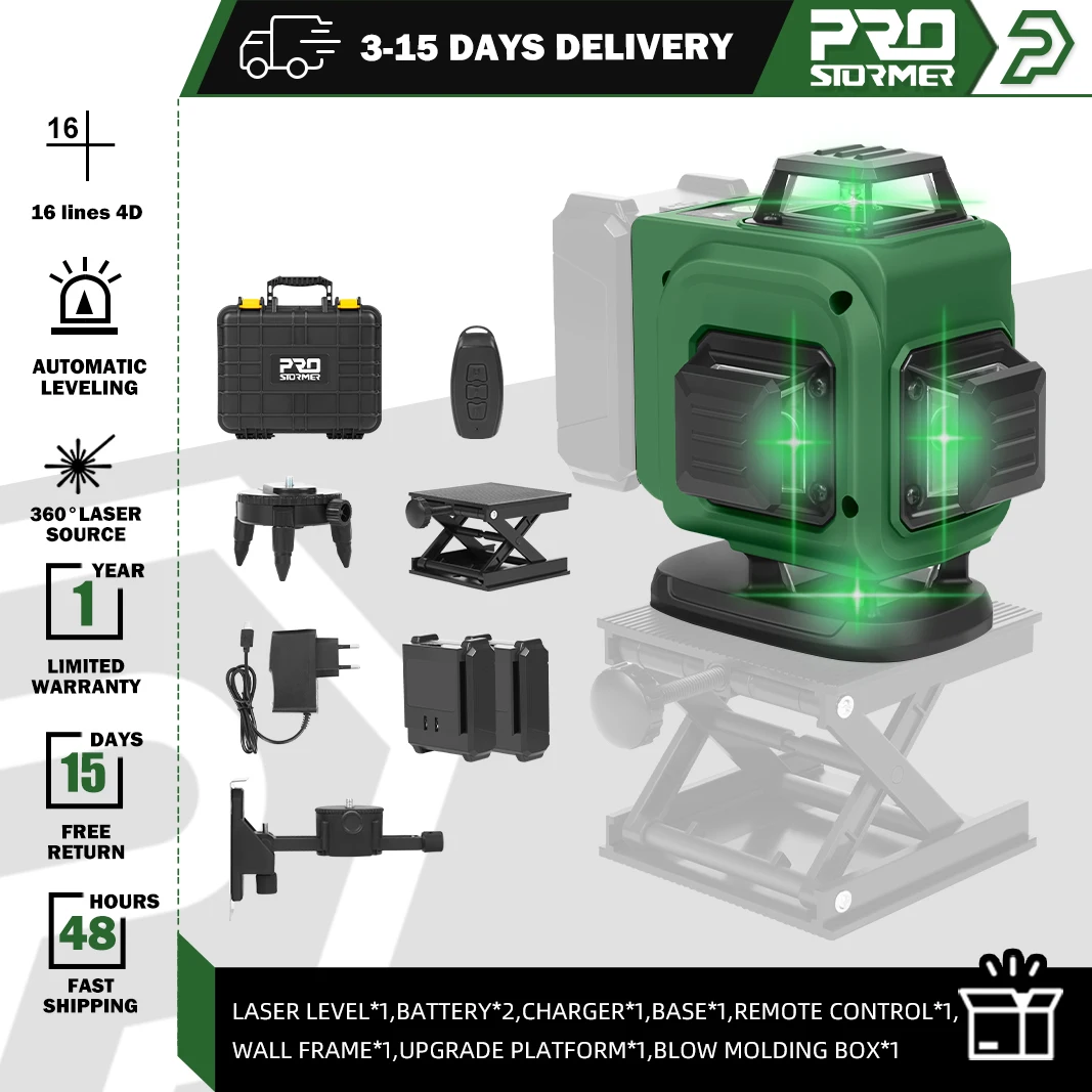 

4D-лазерный уровень 16, зеленые линии, режим горизонтального и вертикального наклона, управление одним касанием, с литий-ионной батареей PROSTORMER