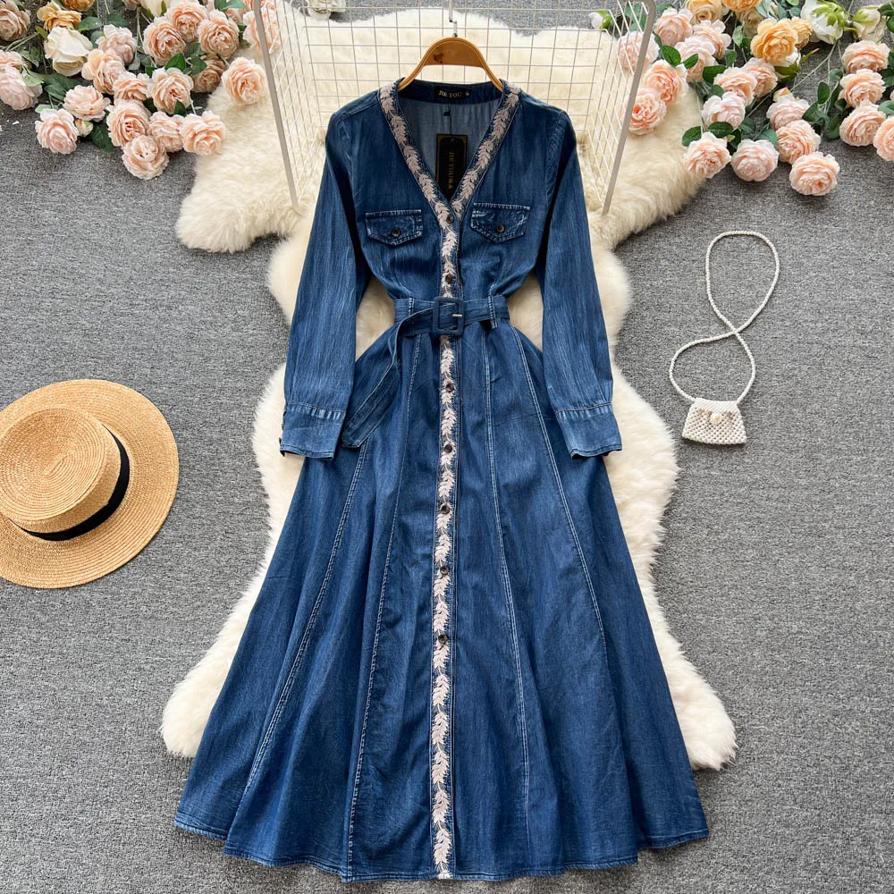 Vintage Embroidered Denim Dress With Belt V-neck Long Sleeved Single Breasted Luxury A-Line Fashion All-match Long Dresses