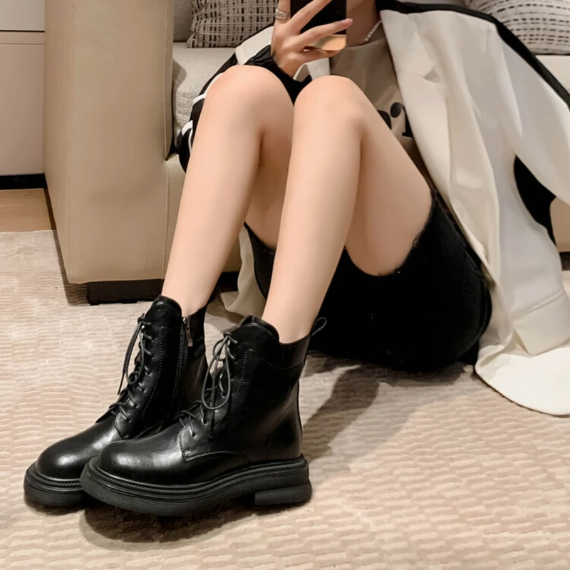 

NEW Autumn Shoes Women Round Toe Chunky Shoes Split Leather Ankle Boots Zipper Short Boots Women Solid Lace Black Winter Boots