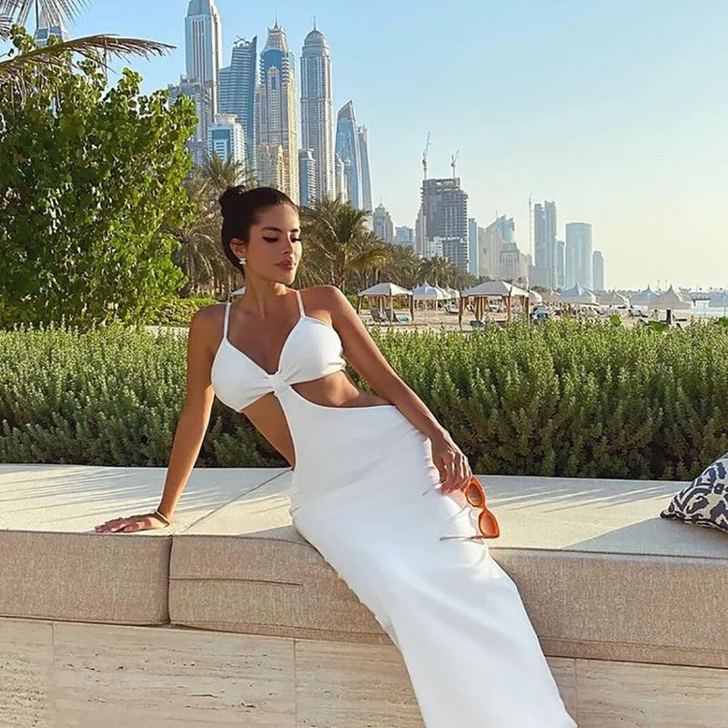 

Summer Women Sexy Bodycon Dress New Bandage Irregular Halter Prom Party Night Club Slim Spaghetti Strap Hollow Out Long Dresses