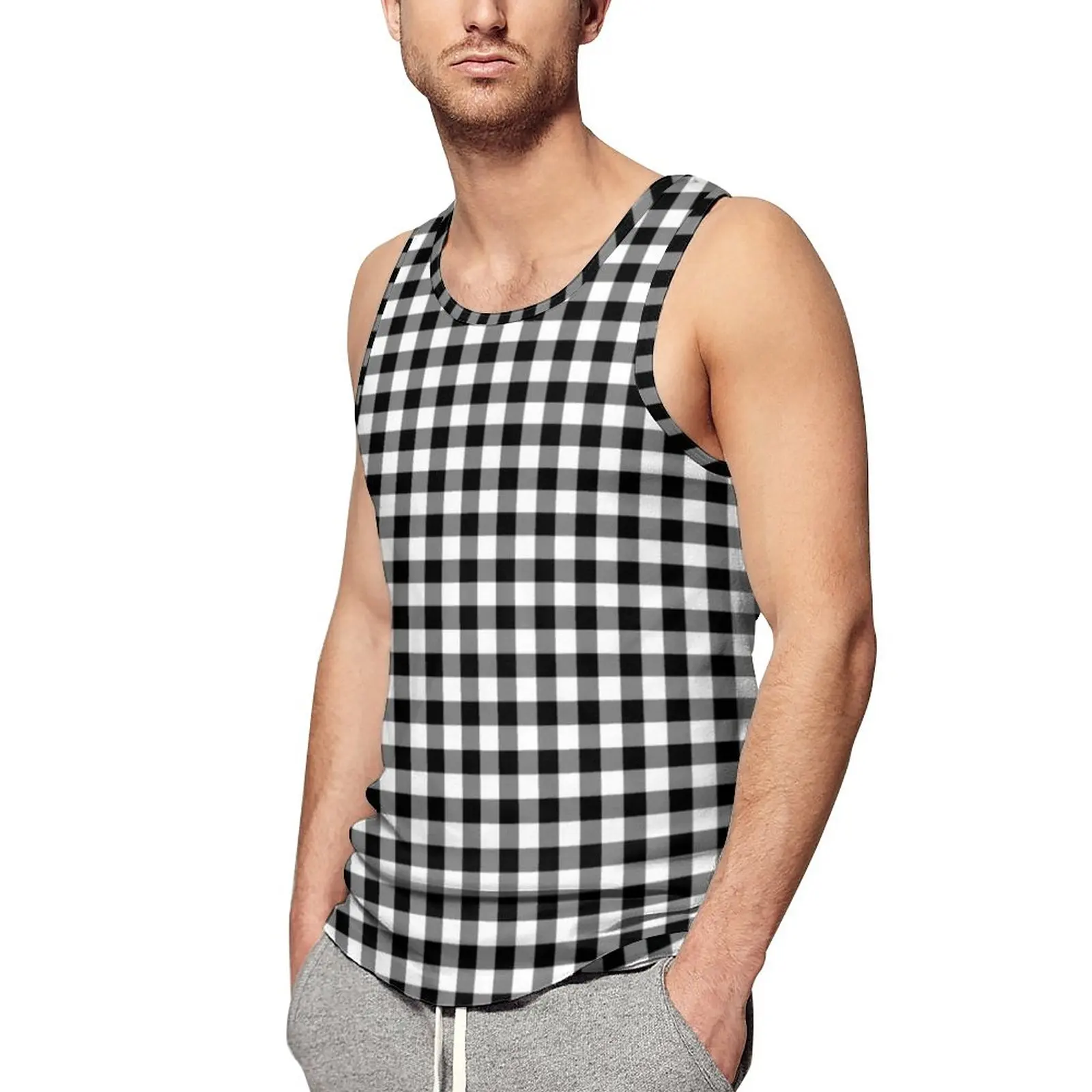 

Retro Plaid Print Tank Top Men Black White Checkered Tops Daily Custom Gym Muscle Oversize Sleeveless Shirts