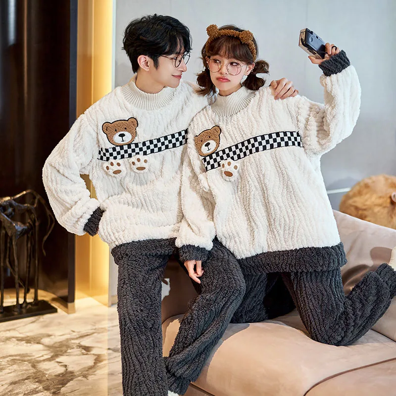 QUHENG Flannel Men's Pajama Pants Set 2022 Autumn Winter New Thick Warm Sleepwear for Couples Casual Loose Home Costumes Set