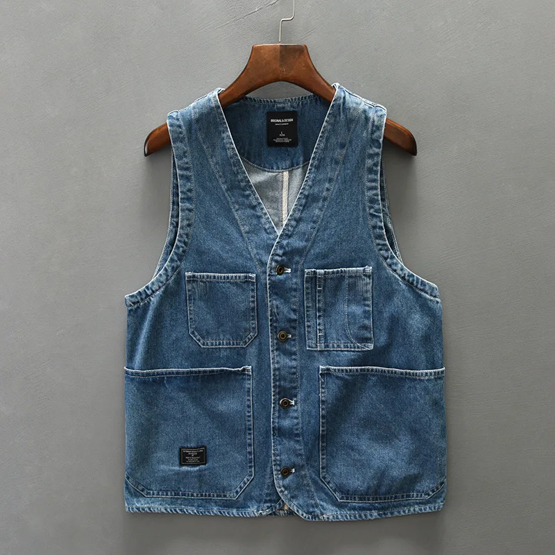 Wiosna jesień nowe kurtki dżinsowe bez rękawów mężczyzna Streetwear Vintage kamizelka robocza dekolt w serek z wieloma kieszeniami guzik męska