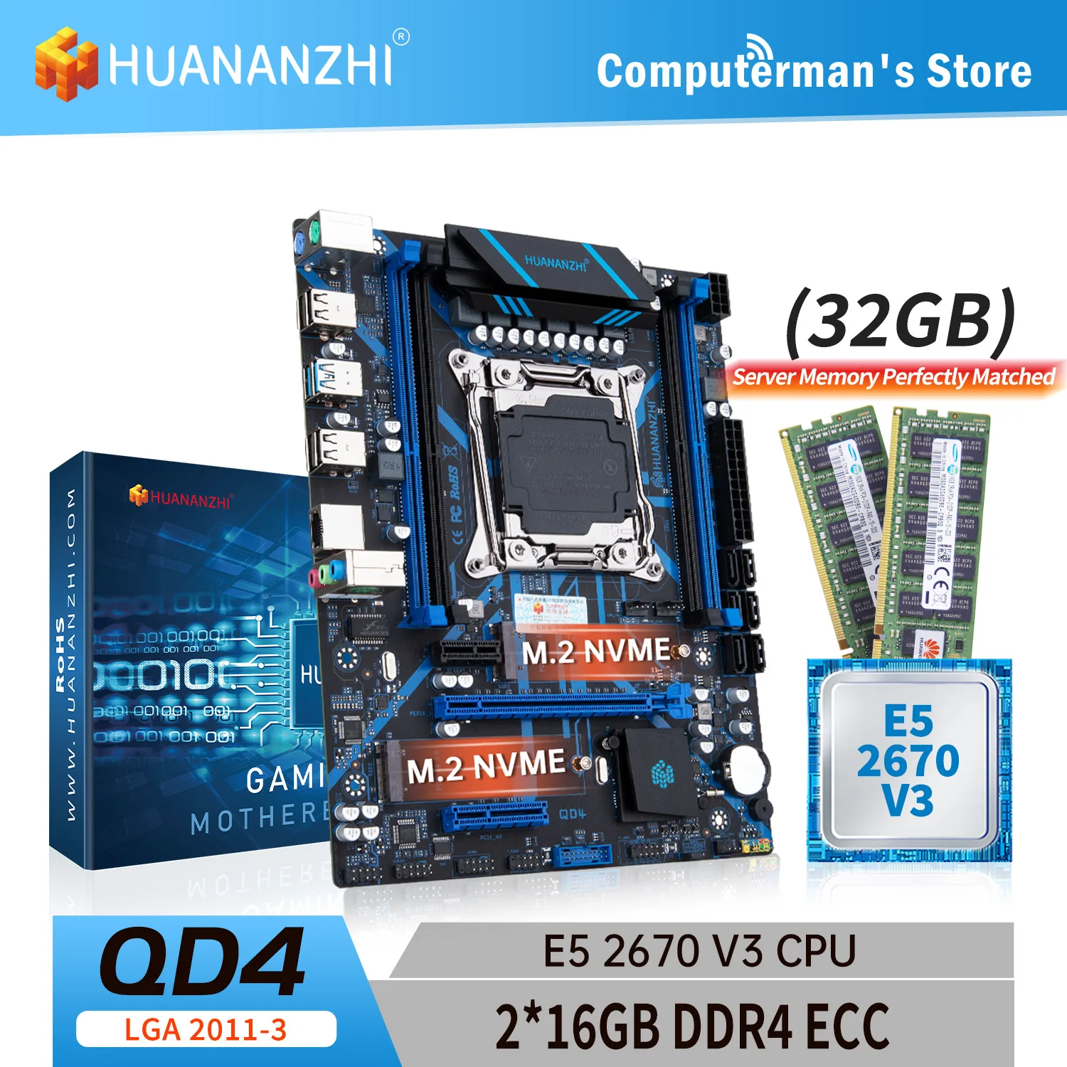 

HUANANZHI X99 QD4 LGA 2011-3 XEON X99 материнская плата с Intel E5 2670 v3 с 2*16G DDR4 RECC память комбинированный комплект NVME SATA