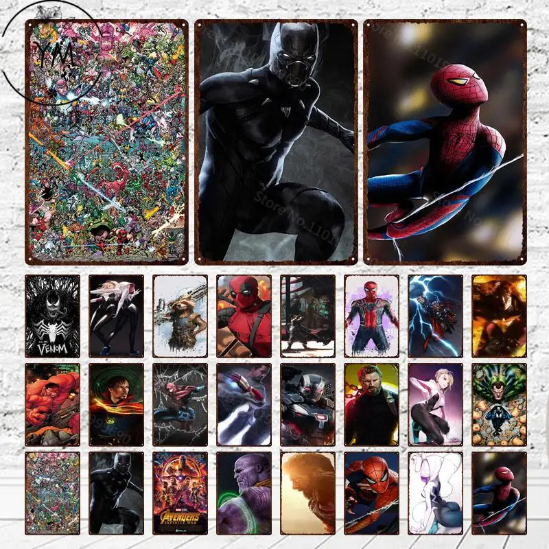 

Винтажные классические персонажи Марвел, Ретро металлическая пластина, Настенный декор, плакат из железа, жестяные знаки, мужская пещера, у...