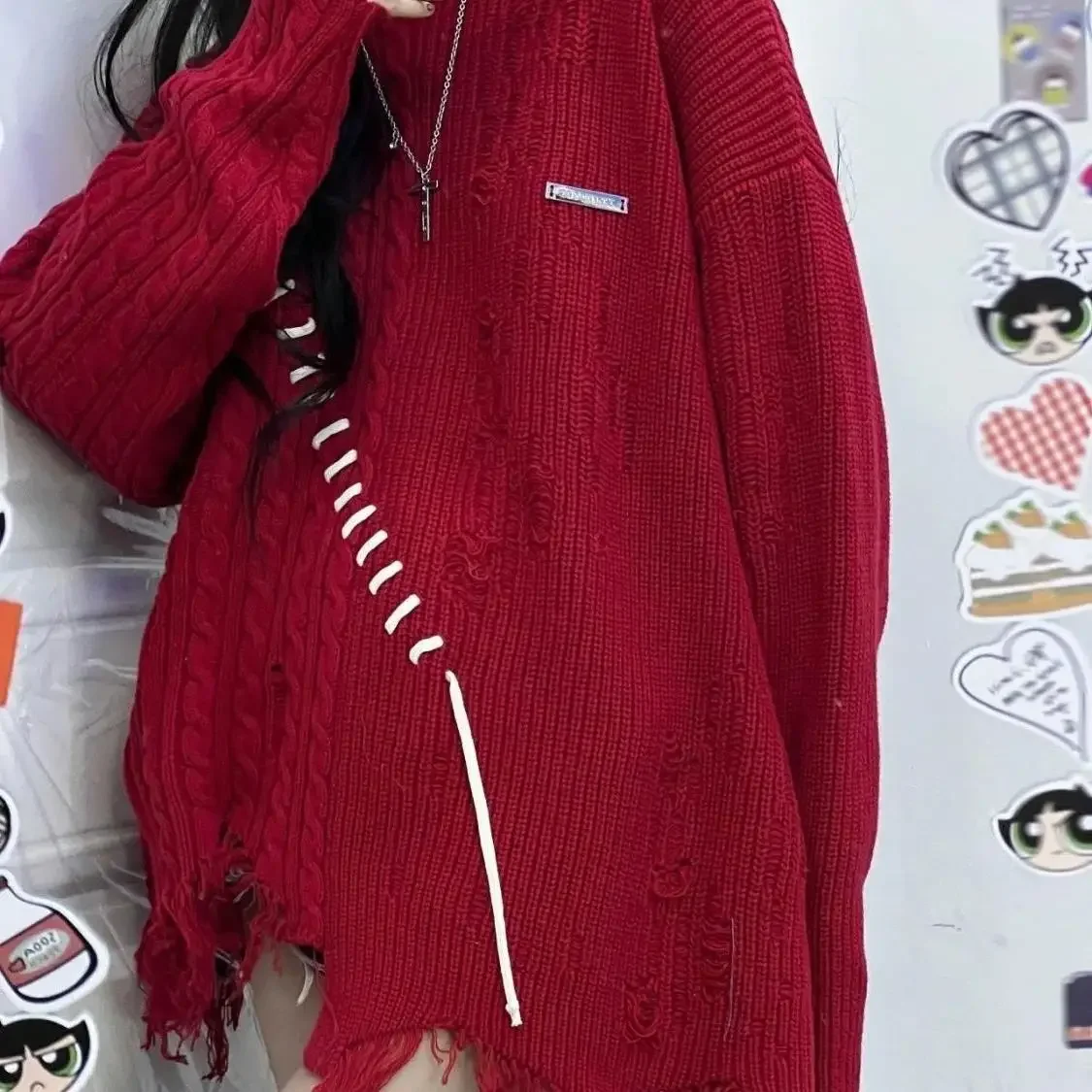 Осень/зима 2024 новый винтажный красный свободный крой мягкий и эластичный вязаный