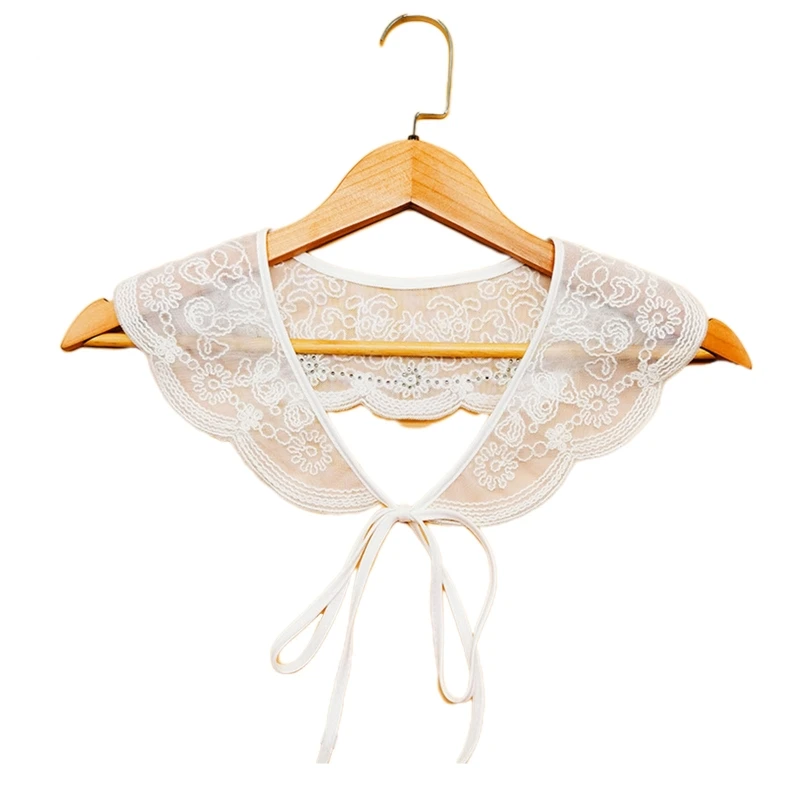 

False Collar Embroidery Collar Detachable Floral Trim Lace Up Neckline DXAA