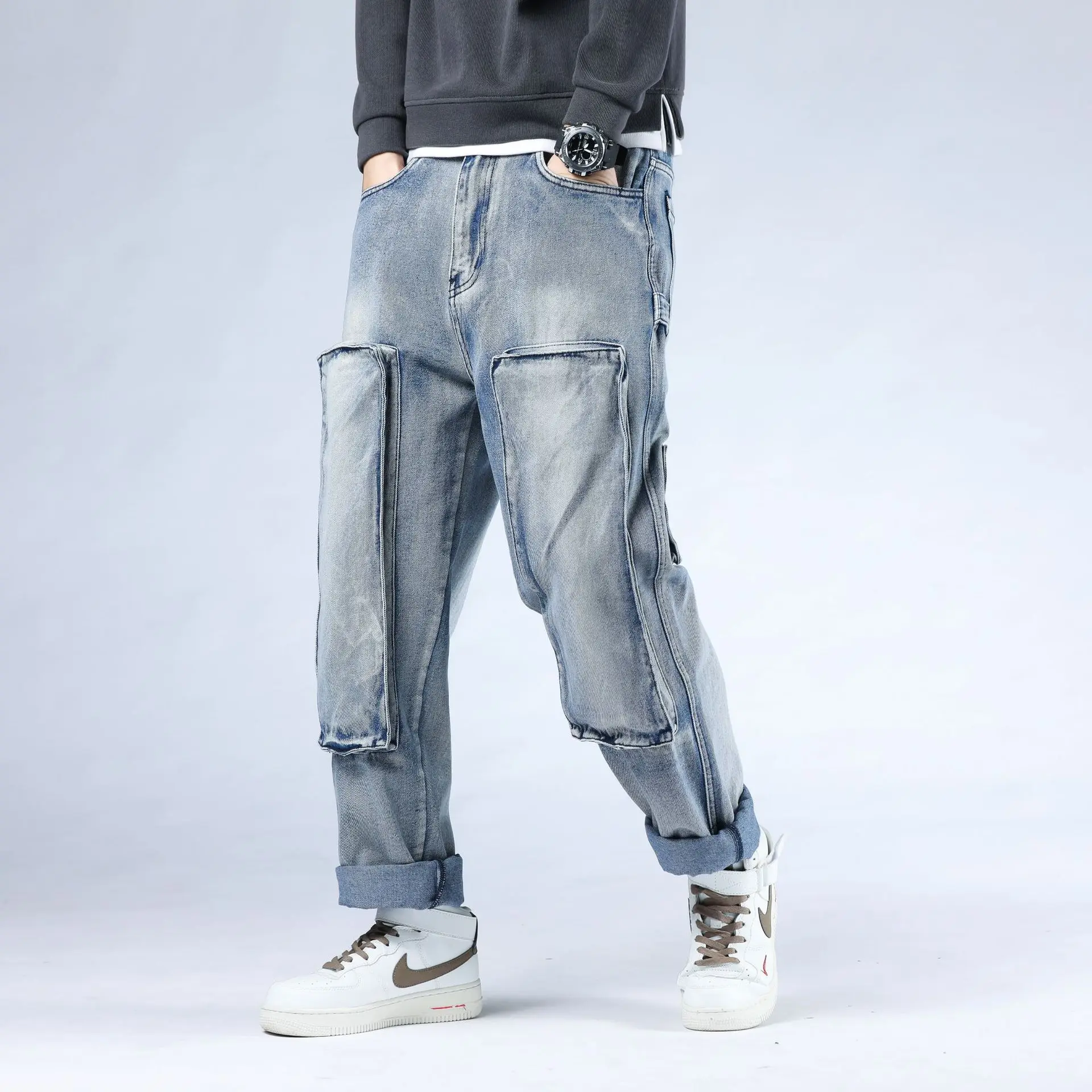 Trend Autumn New Baggy Jeans Hip Hop Skateboard Pants Straight Full Length Solid Color Denim Pants Streetwear Mens Loose Jeans
