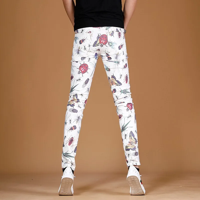 Summer Men White Jeans Fashion Insect Digital Printing Pants Streetwear Casual Straight Slim Fit Denim Trousers CP1632