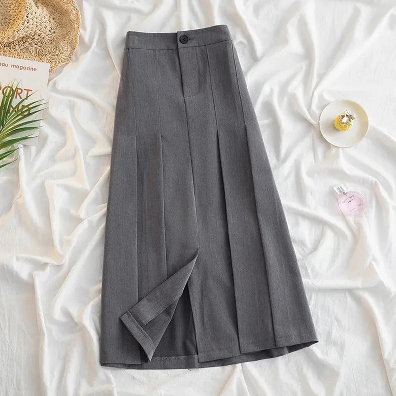 

Skirts Woman For Pleated Long Office High-waist Black Streetwear Skirt Japanese Style Gray Lucyever 2023 Skirt Midi Spring Women