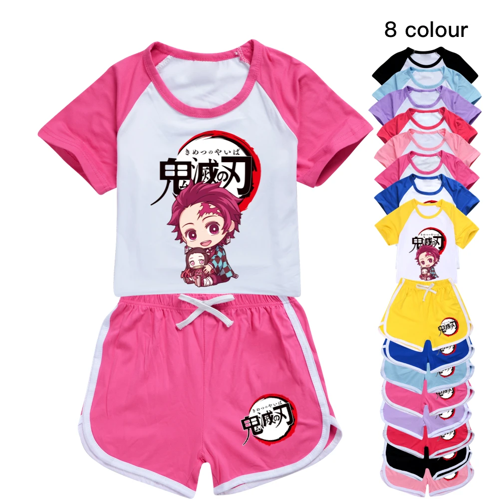 

Demon Slayer Baby Girl Clothes Polyester Tops Teenage Kids Tshirt Shorts Sport Suit Boys Tees Little Children Home Set