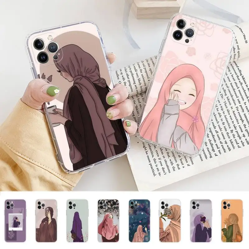 

Muslim Arabic Hijab Girl Phone Case For iPhone 14 13 12 11 Pro Max XS X XR SE 2020 6 7 8 Plus Mini Transparent Shell