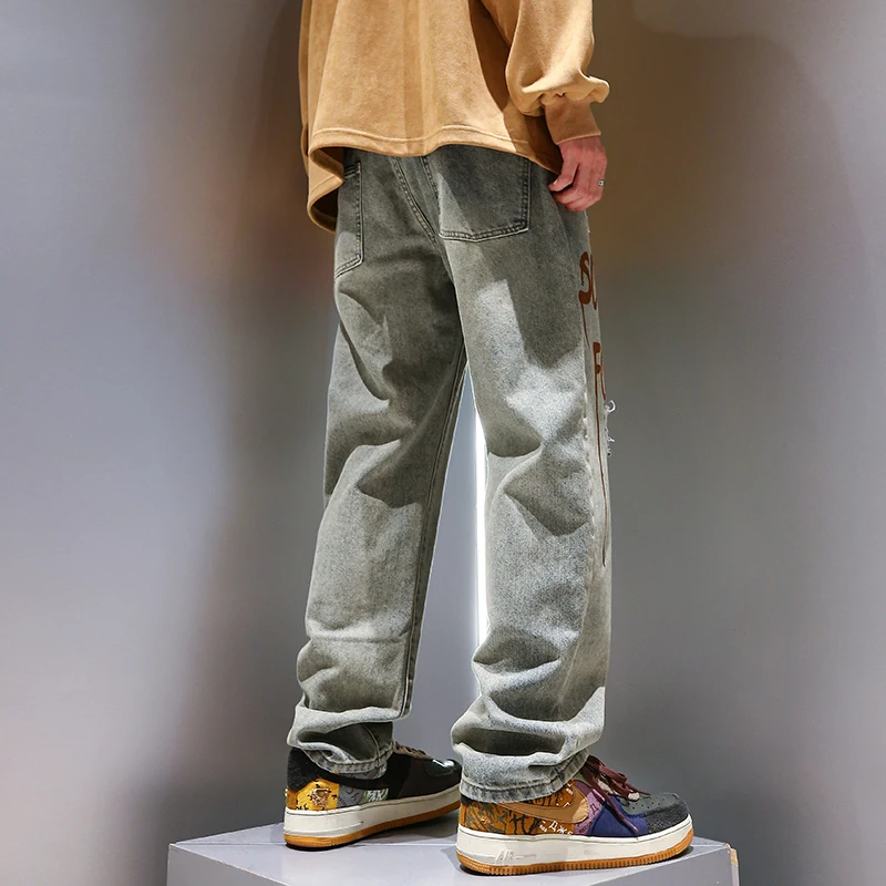 European and American Jeans Men's Baggy Jeans Letter Embroidery Patchwork Ripped Pants Trendy Brand Men's Fashion Streetwear