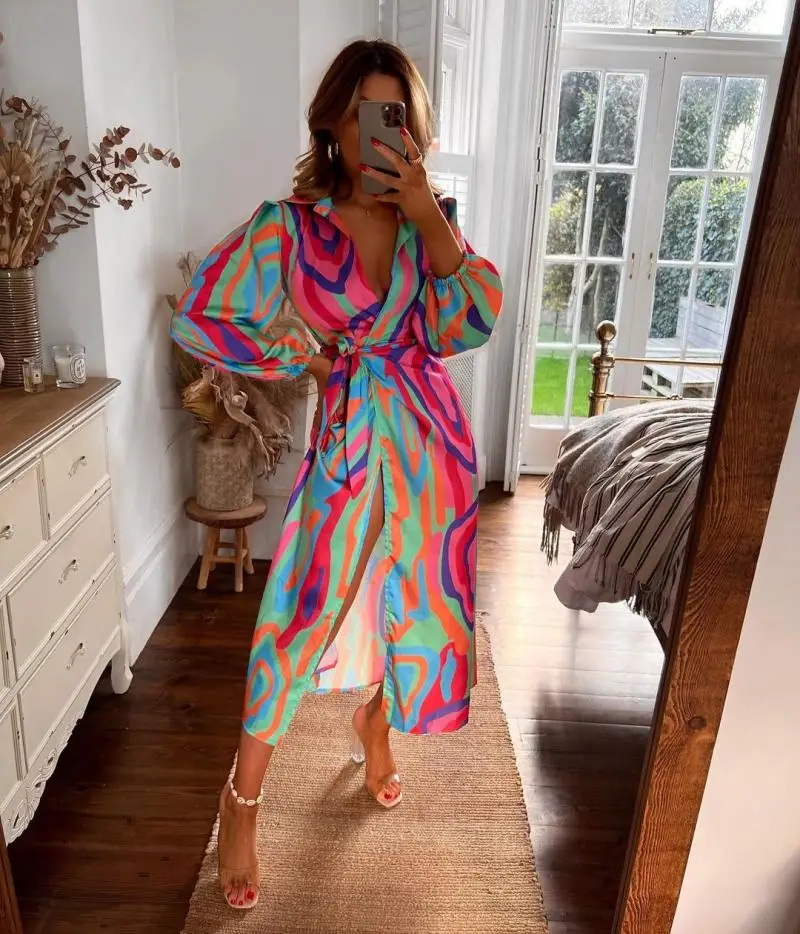 

2022 Summer Explosions Fashion Sexy V-neck Printed Lantern Sleeve Lace-up Slit Wrapped Chest Multicolor Slim Long Sleeve Dress