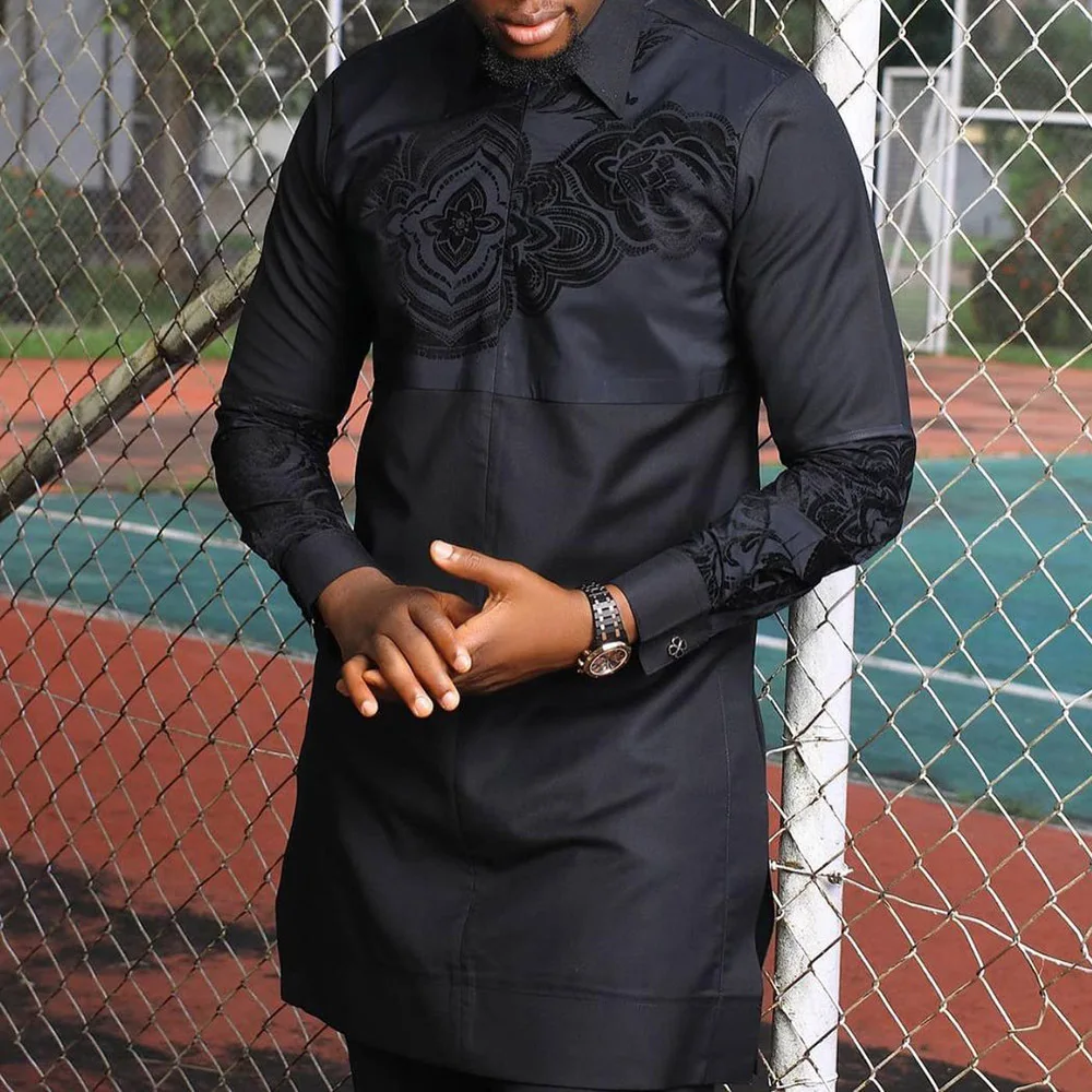 Muslim Fashion Men Shirt Africa Dubai Long Sleeve Top Casual Arabian Print Youth Black Cotton Lapel Indian Male Islamic Clothing