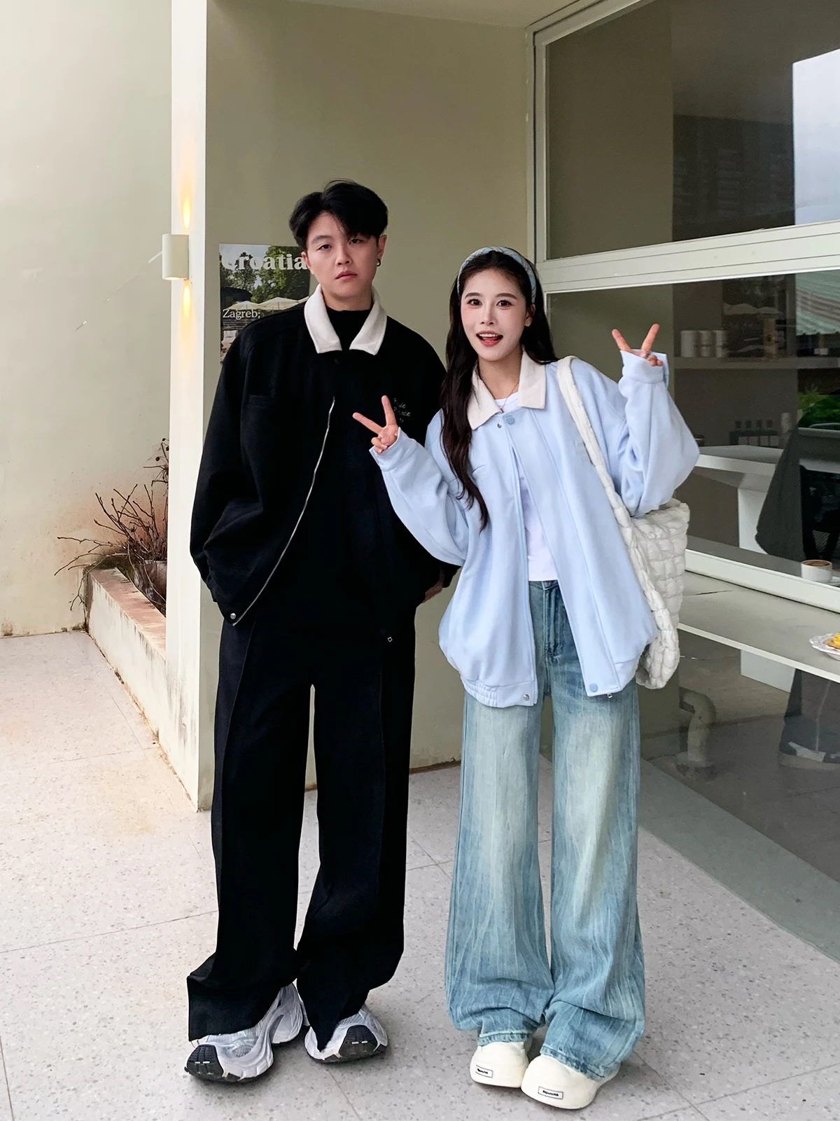 er Oh Three Sisters American Detachable Embroidered Suede Color Matching Stand Collar Jacket Women Autumn