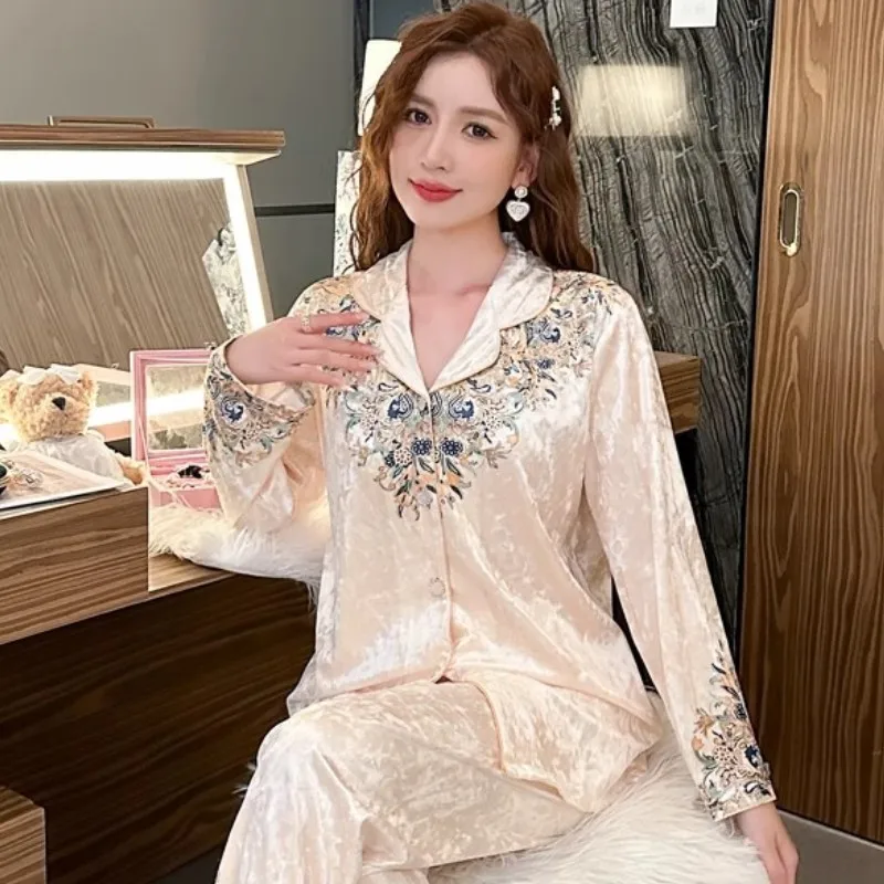 Woodpecker Print Gold Velvet Pajamas Women Autumn High-Grade Floral Small Lapel Light Luxury Long sleeve Homewear Set