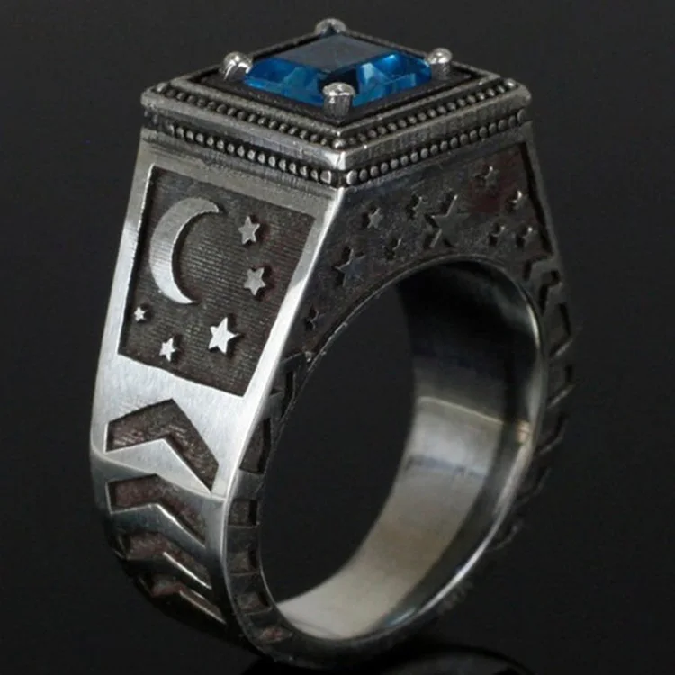 

Trendy City Wall Modeling Moon Stars Rings for Men Vintage Silver Prong Setting Blue Crystal Zircon Rings Jewelry Accessories
