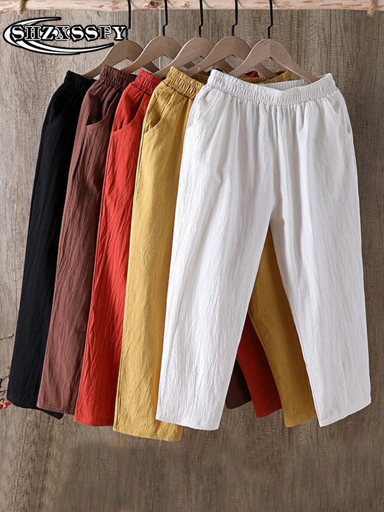 Брюки женские летние из хлопка и льна повседневные однотонные свободные штаны до