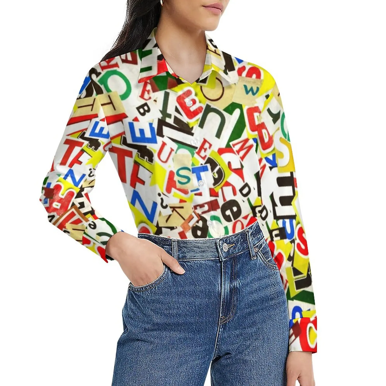 

Блузка женская с абстрактными буквами, крутая Классическая рубашка с длинным рукавом, с разноцветным алфавитом, весенняя одежда оверсайз