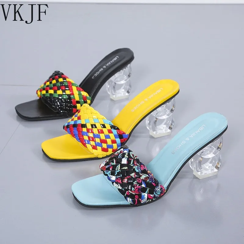 

Женские плетеные шлепанцы, сандалии на квадратном каблуке, повседневные туфли без задника, для вечеринки, лето 2022