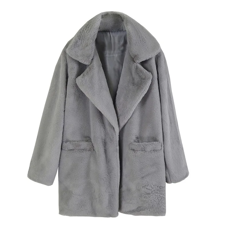 2021 Autumn and Winter Lapel Thick Woolen Coat Women's Mid-length Solid Color Loose Long-sleeved Plush Coat Imitation Fur Coat