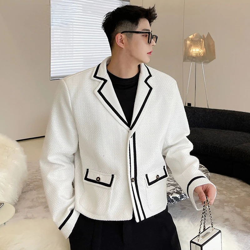 Korean Men Blazer Trend Luxury Color Contrast Suit Coat Men's French Loose Casual Woven Fabric Short Blazer Masculino De Luxo