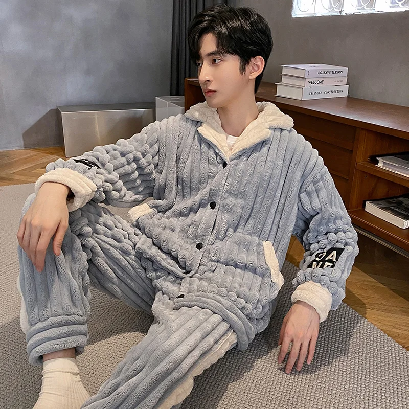 QUHENG Pajama Set Male Thicken Warm Flannel Long Sleeved Cartoon Men Winter Leisure Loose Home Cloth Autumn Loose Men Sleepwear