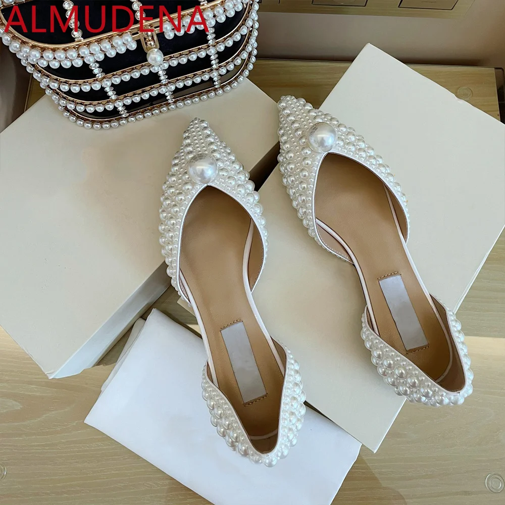 Pointed Toe Women D'orsay Flats Full Pearl Shoes Elegance Dress Adult Summer Genuine Leather Sheepskin Shoe Outside Slip On Flat