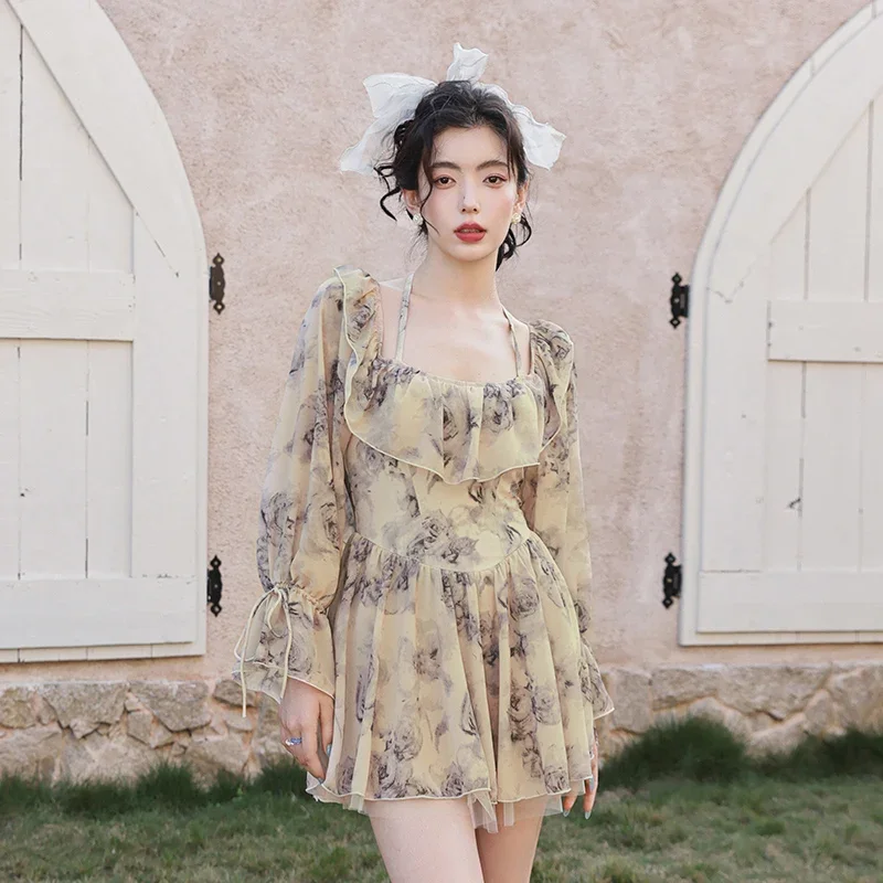 Женский слитный купальник купальный костюм с плиссированным подолом Сетчатое