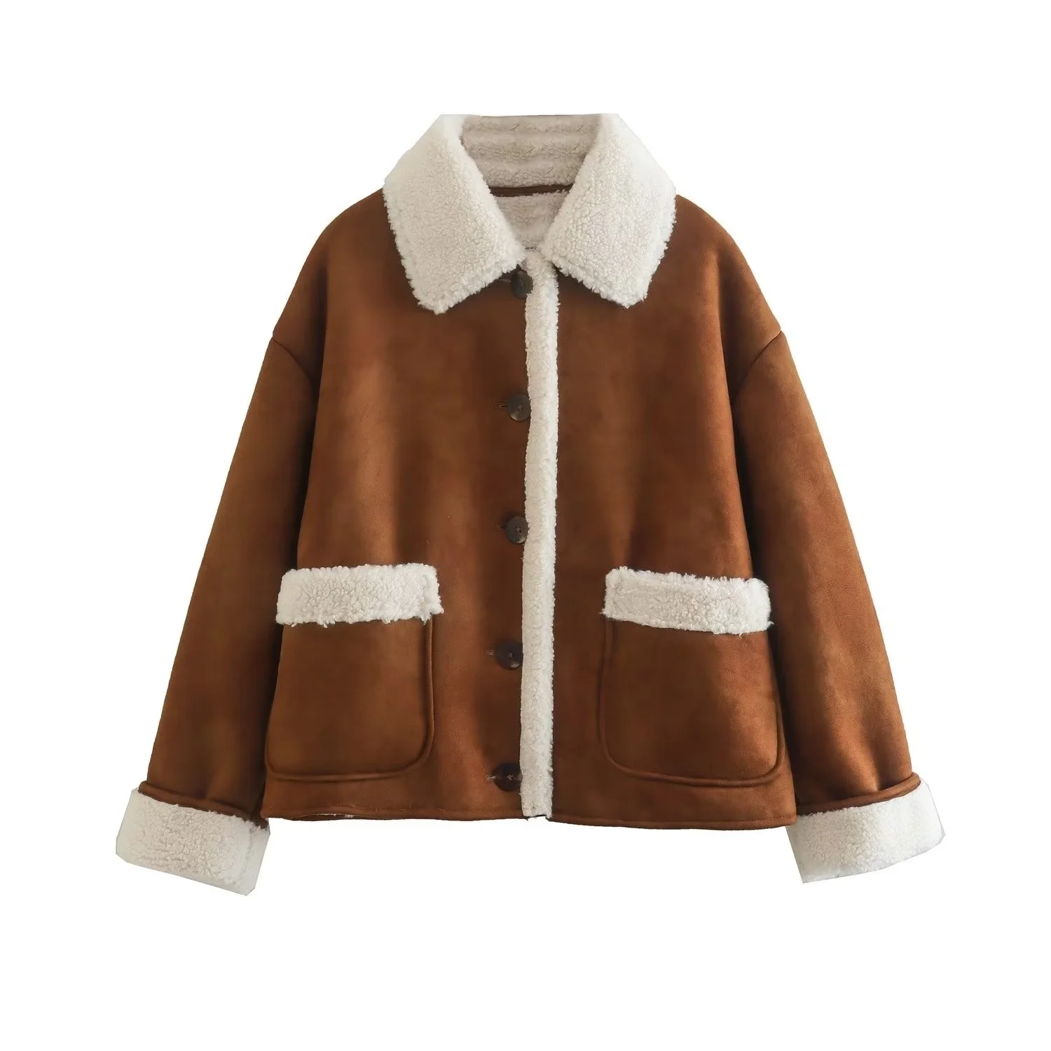 

Fur Jacket Women Fashion Chic Lady Faux Fur Collar Fleece Warm Coat Long Sleeves Pockets Female Fall Winter Clothing 2023 New