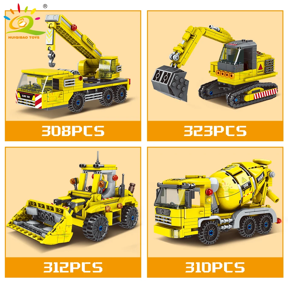 HUIQIBAO Engineering строительные блоки для грузовиков MOC Crane Bulldozer Car Bricks Set City Construction