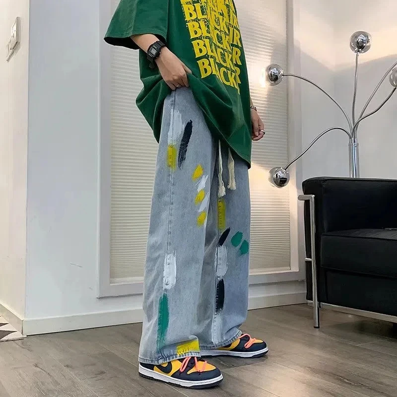 Jeans Men Print Fashion Hip Hop Spring Retro Male Trouser Teens High Street Pantalones Cool All-match Drawstring Summer Denim