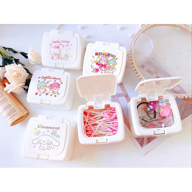 

Sanriod Storage Box Kitty Kuromi My Melody Cinnamoroll Cartoon kawaii Desktop Bomb Cover Storage Box Cotton Swab Dust-proof Box