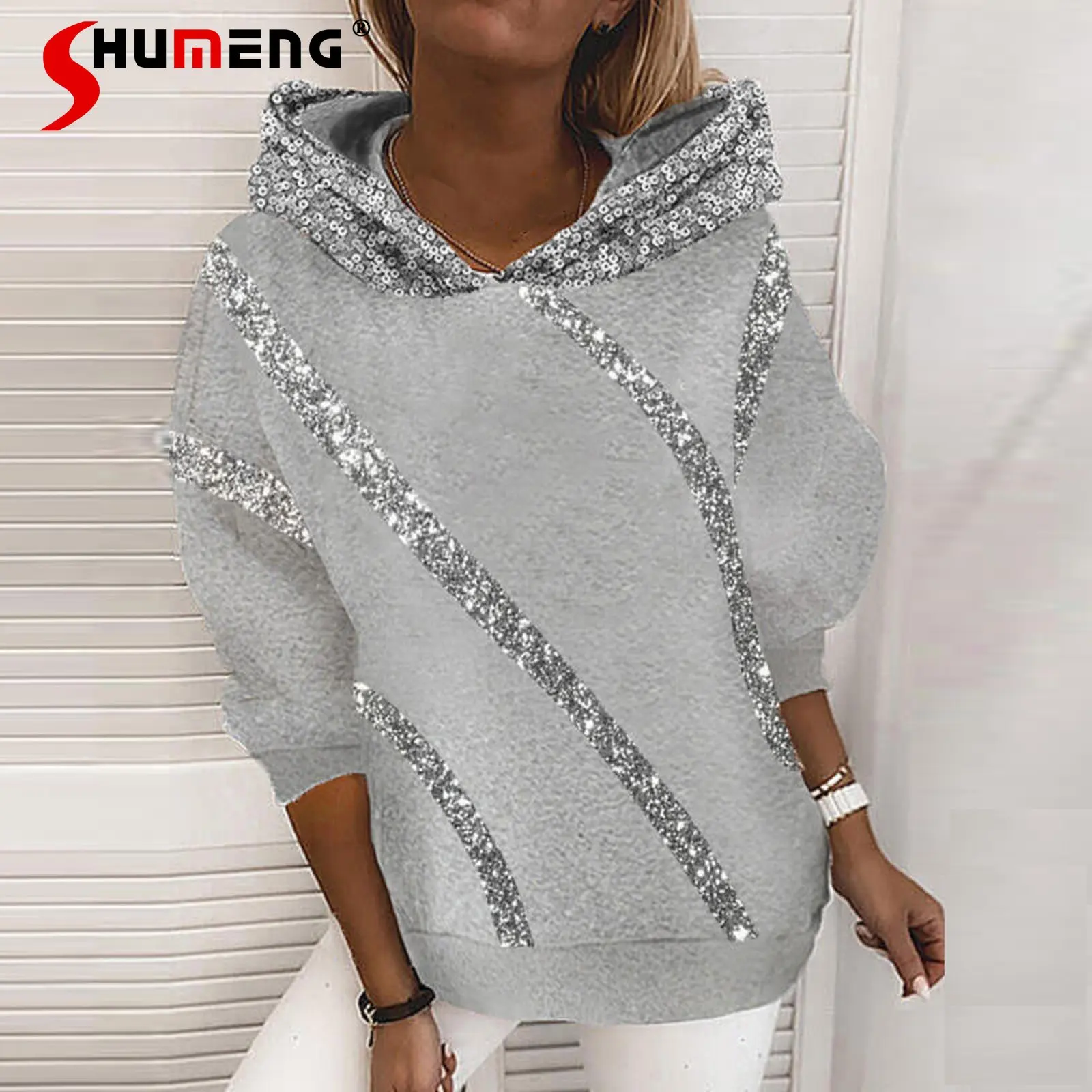 

European Style 2023 Spring New Fashion Simple Casual Hooded Pullover Sweatshirt Ladies Trend Sequin Stitching Gray Loose Hoodie
