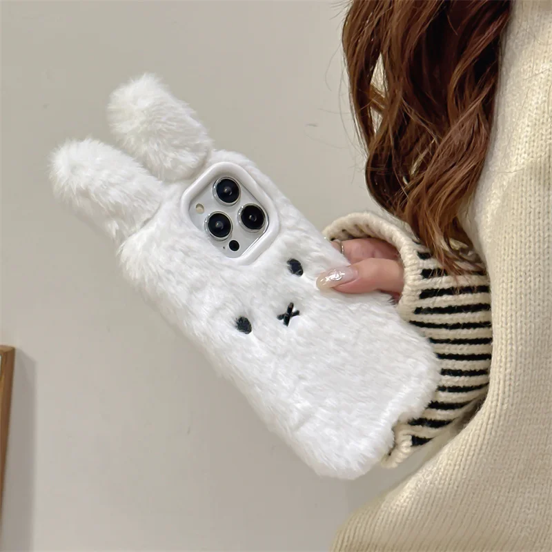 Теплый зимний плюшевый чехол для телефона с белым кроликом iPhone 13 14 15 16 pro max