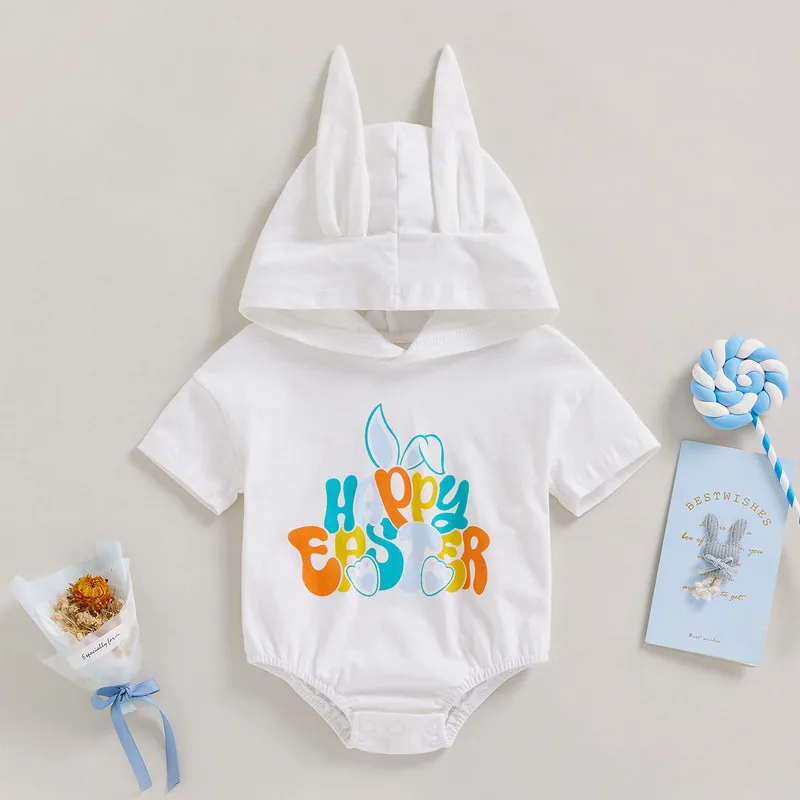 

Infant Baby Boys Girls Easter Bodysuit Summer 2023 Clothes Cute Rabbit Ear Hood Short Sleeve Letter Print Jumpsuit for Newborn