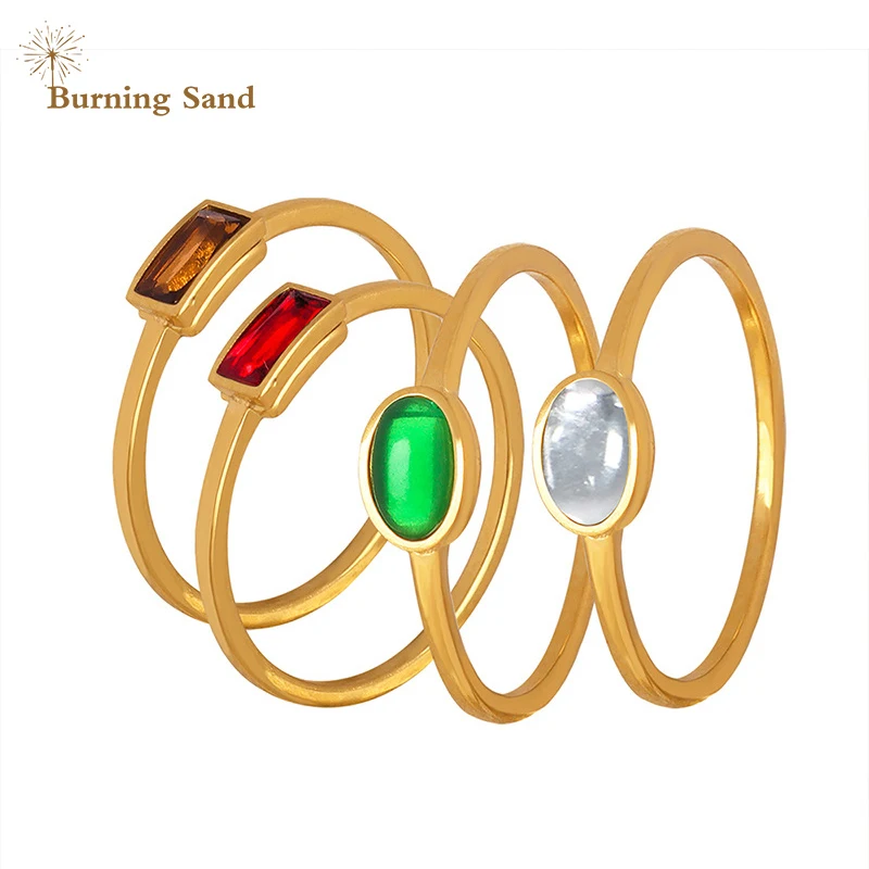 Burning Sand Korean Design With Small Circles Personalized Titanium Steel 18K Gold-plated Ring Inlaid With Colorful Glass