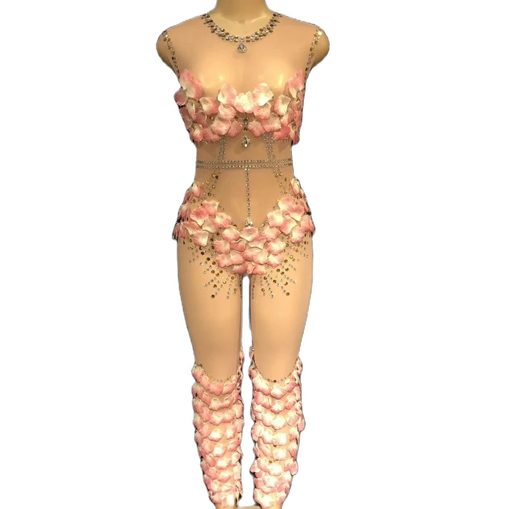 

Женский сетчатый комбинезон Стразы с блестящими блестками, прозрачные комбинезоны с цветочной аппликацией, одежда для ночного клуба и танц...