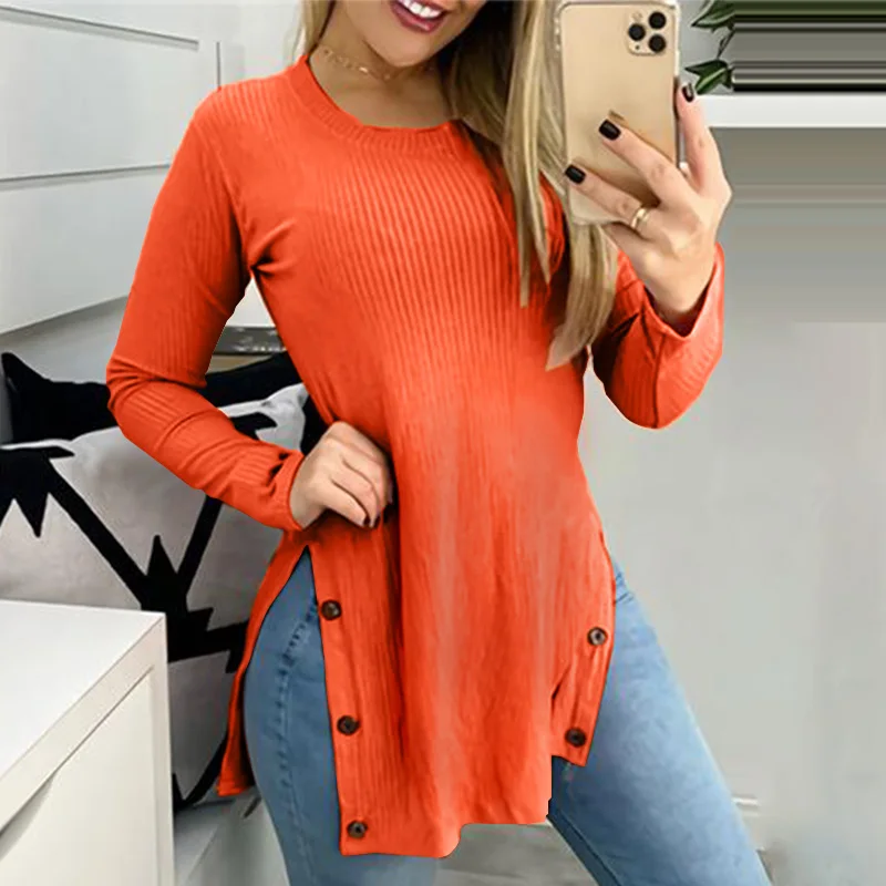 

Women Women T-shirt Tee 2022 Spring Autumn ZANZEA Casual Solid Long Sleeve Irregular Top Tunic Lady Side Split Oversized Blusa 7