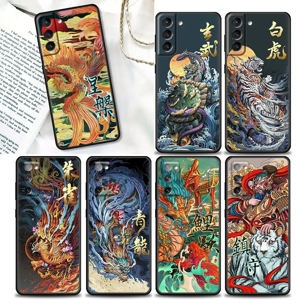 

Drawing Dragon Tiger Fish Birds Art Phone Case For Samsung Galaxy S20 S21 FE S10 S9 S8 S22 Plus Ultra 5G 4G S10e Lite Case Cover