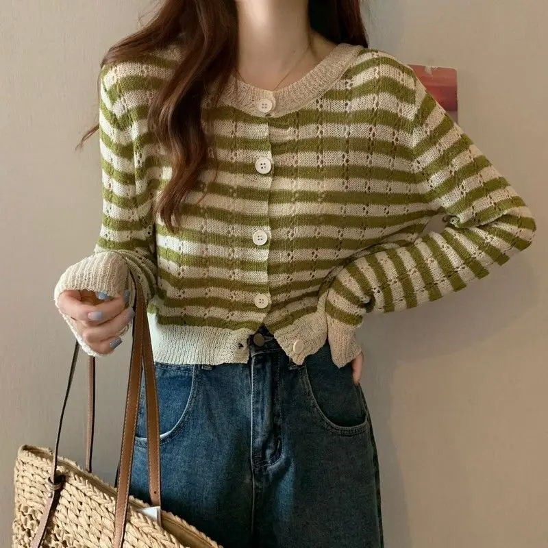 

Spring Autumn Winter Fashion Woman Women's Casual Slim Knitted Striped Flower Coat Top Soft Simple Button Warm Gentle Cute Retro